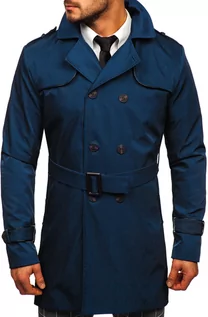 Płaszcze męskie - Jasnoniebieski dwurzędowy płaszcz męski prochowiec z wysokim kołnierzem i paskiem Denley 0001 - grafika 1