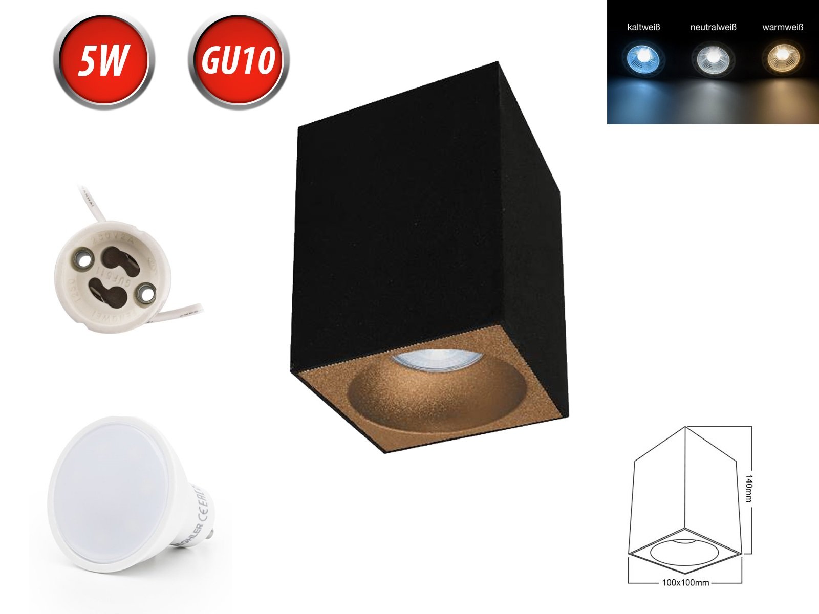 Lampa sufitowa BETA-SS reflektor natynkowy 100x100mm reflektor natynkowy z GU10 5W żarówka LED ciepła biała kątowa czarna/złota