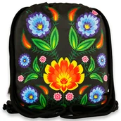 Plecaki worki - Plecak z podszewką folk łowicki kwiaty niebieskie czarny - miniaturka - grafika 1