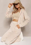 Dresy damskie - Beżowy Komplet Dresowy z Welurowej Dzianiny Szerokie Spodnie i Krótka Bluza Avilti - miniaturka - grafika 1