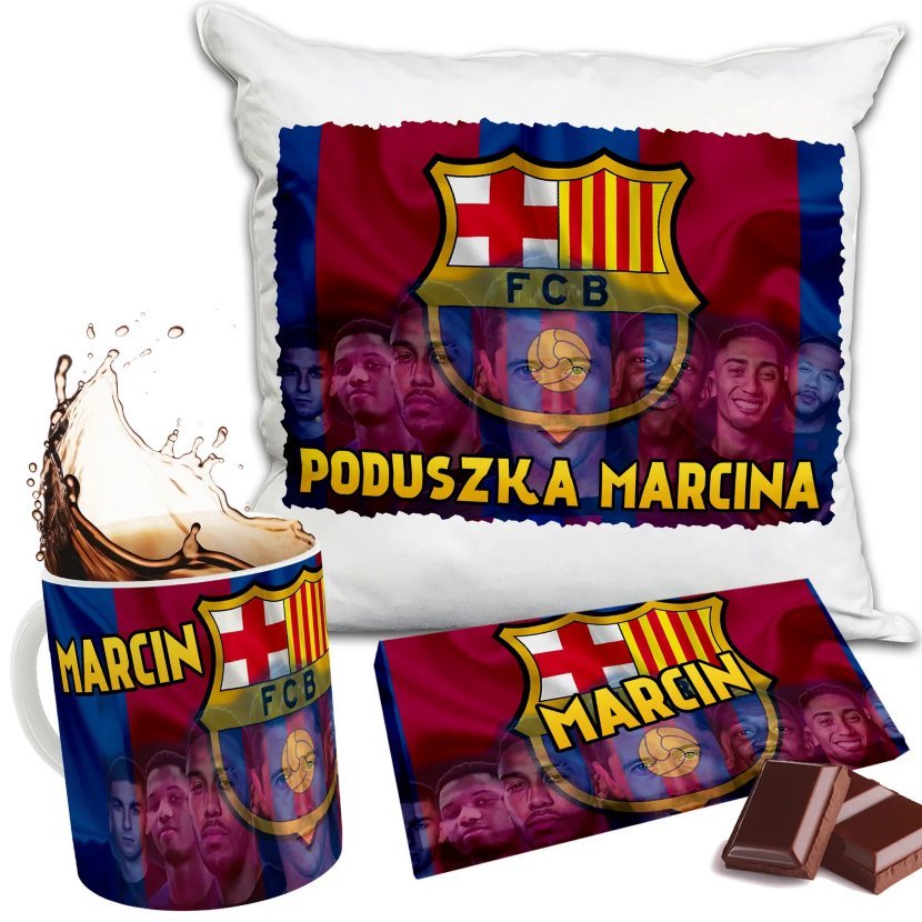 Zestaw FC BARCELONA BARCA Kubek + Poduszka + Czekolada Imię Prezent Nadruk