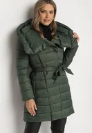 Kurtki damskie - Zielona Pikowana Kurtka o Długim Kroju z Kapturem i Dodatkowym Paskiem Hanlin - miniaturka - grafika 1