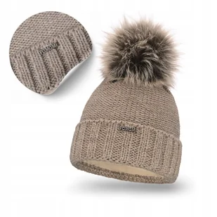 Czapka Zimowa Damskie Brązowa z Ocieplaniem Polarem Modny Pompon PaMaMi - Czapki damskie - miniaturka - grafika 1
