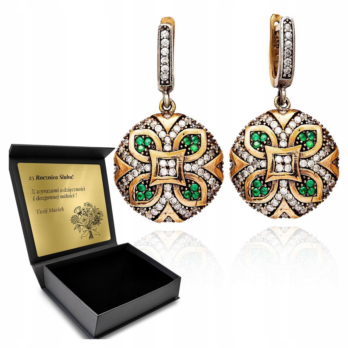 Kolczyki Srebrne Okrągłe Cyrkonie Bogaty Orientalny Wzór Szmaragd + Grawer