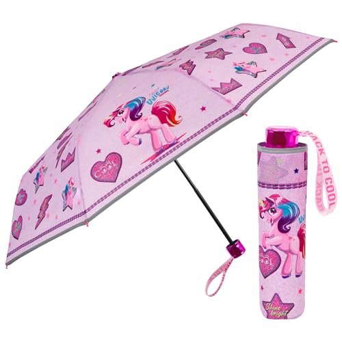 Różowy Jednorożec Parasolka Składana Kompaktowa - Parasol Mały Kieszonkowy Dzieci 7+ Lat - System Bezpiecznego Manualne Otwierania Wiatroodporny Dziewczynka - Średnica 91 cm - Perletti (Jasnoróżowy)