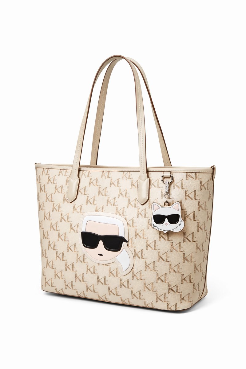 KARL LAGERFELD BEŻOWA TOREBKA KLASYCZNA Z MOTYWEM KARL I BRELOKIEM - 1I1D