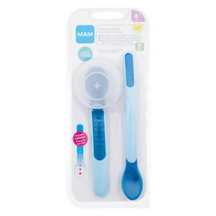 MAM Heat Sensitive Spoons & Cover 6m+ Blue naczynia Łyżka długa 1 sztuka + łyżka krótka 1 sztuka + etui na łyżkę dla dzieci - Miseczki i talerzyki dla dzieci - miniaturka - grafika 1