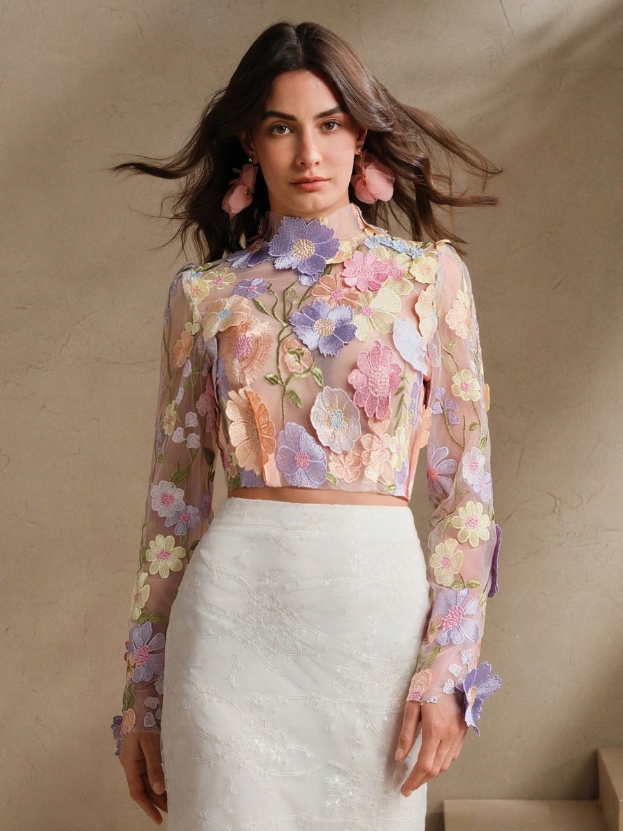 SHEIN PASTELOWA BLUZKA Z HAFTEM KWIATOWYM LEJĄCY DEKOLT DŁUGI RĘKAW 38 1MA