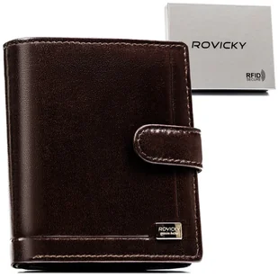 Elegancki brązowy portfel męski skórzany pionowy duży na zatrzask ROVICKY rozbudowany na karty pudełko prezentowe ochrona RFID - Portfele - miniaturka - grafika 1