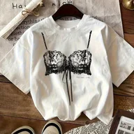 Bluzki damskie - TEMU Koszulka Damska z Eleganckim Koronkowym Stanikiem - Czarno-Biały , Miękki Poliester, Pranie w Pralce, Okrągły Dekolt, Casual na Każdą Porę Roku, - miniaturka - grafika 1