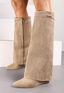 Kozaki damskie - Ciemnobeżowe Kozaki na Koturnie z Wywiniętą Cholewką Alstina - miniaturka - grafika 1