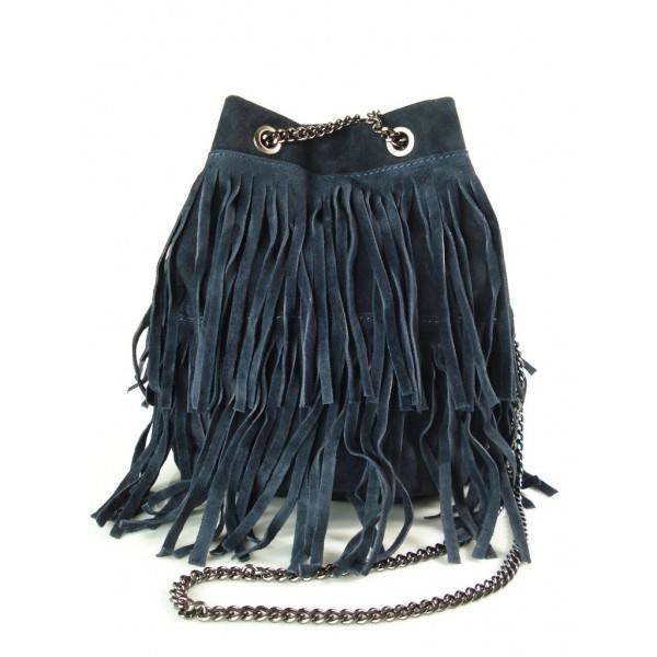 Zamszowa Listonoszka Worek Frędzle Włoska Skórzana Granatowa Torebka Wl45Bs