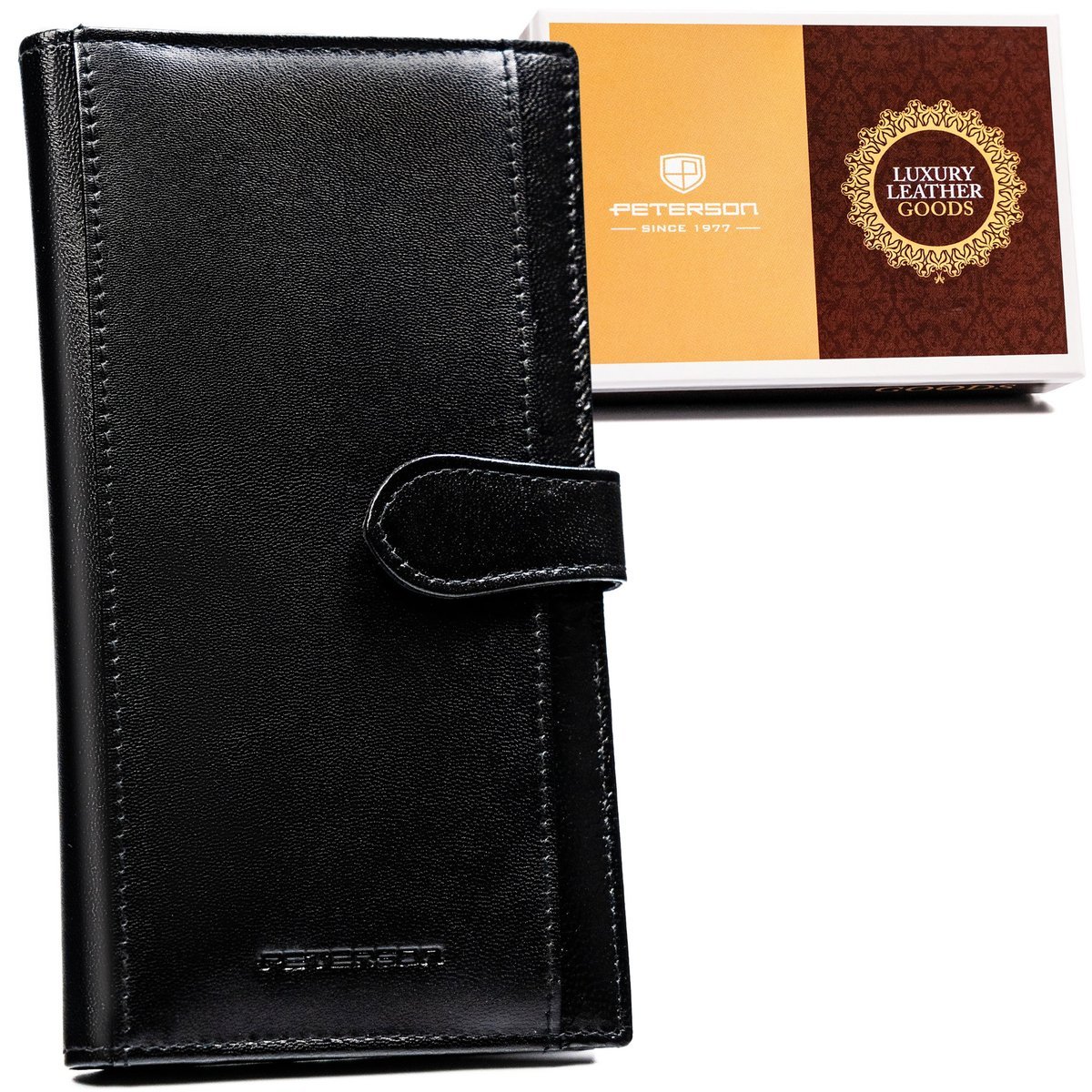 Damski portfel skórzany Peterson na zatrzask duża pionowa portmonetka na karty z ochroną RFID, czarny