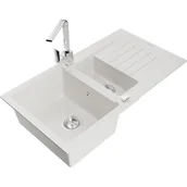 Zlewozmywaki z baterią - Mexen Matias zlewozmywak granitowy 1,5-komorowy z ociekaczem i baterią kuchenną Rita, biały - miniaturka - grafika 1