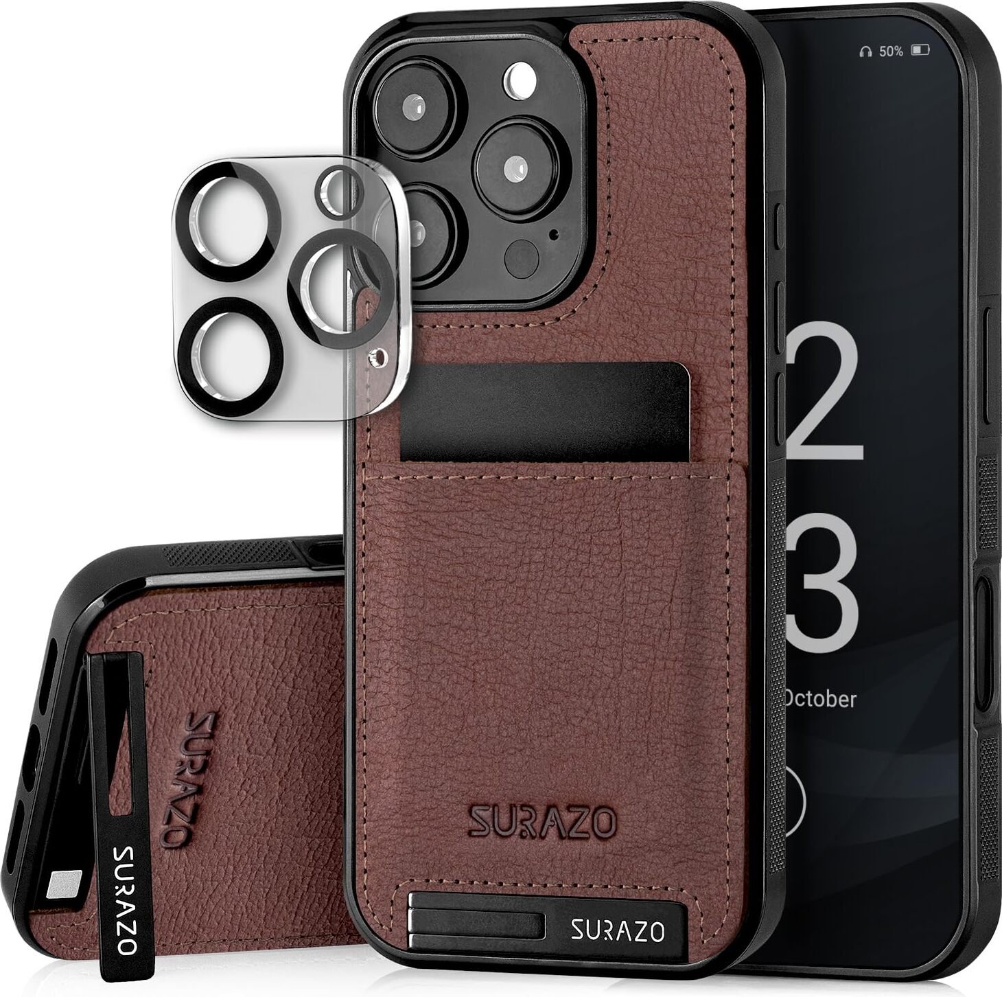 Etui SURAZO z prawdziwej skóry do Apple iPhone 16 Pro - odporne na wstrząsy skórzane etui na telefon komórkowy [szkło ochronne aparatu, gniazdo kart, funkcja podstawki,