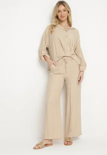 Jasnobeżowy Wiskozowy Komplet Oversize Koszula i Spodnie z Gumką w Talii Natilira - Komplety damskie - miniaturka - grafika 1