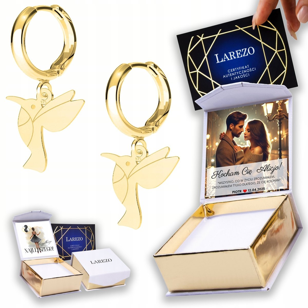 Złote Kolczyki 925 Ptak Koliber z Ptakami Zwierzętami Kolibrami NADRUK