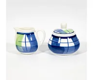 Cukiernice - Zestaw Lucie 1x ceramiczna cukiernica z pokrywką i 1x ceramiczny dzbanek na mleko niebiesko-zielony - miniaturka - grafika 1