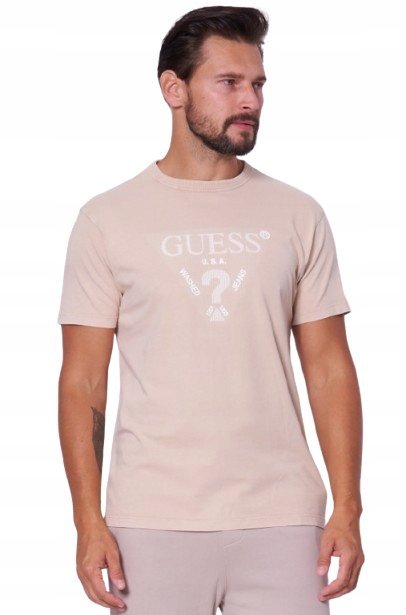 GUESS BEŻOWY GŁADKI T SHIRT Z OKRĄGŁYM DEKOLTEM BAWEŁNA S GMC
