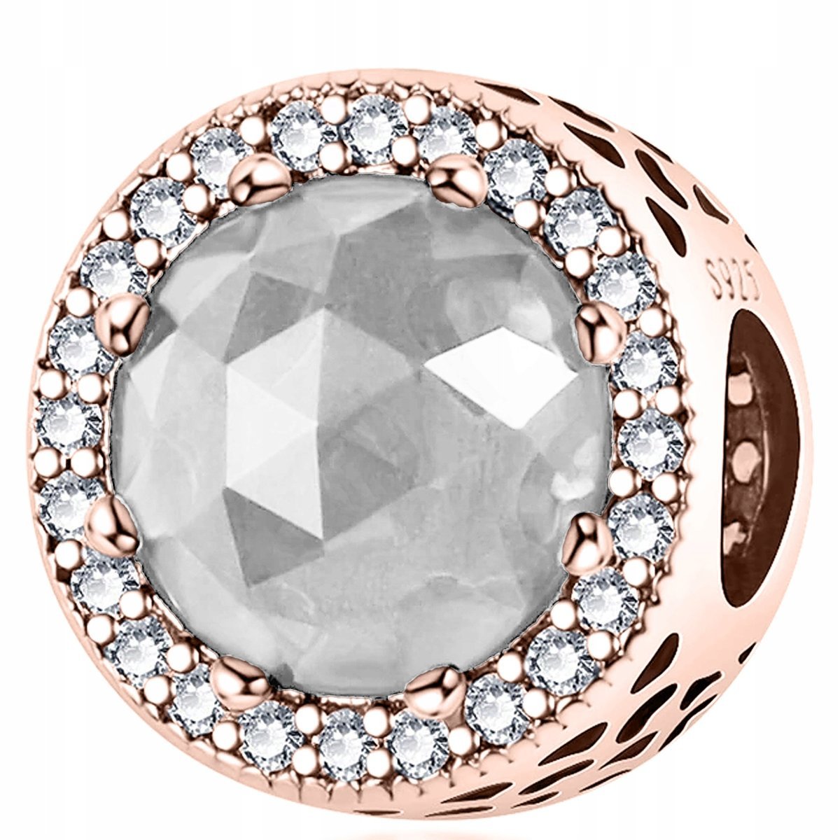 Charms Pozłacany Biały Kamień Koralik z Białym Kryształem SREBRO 925