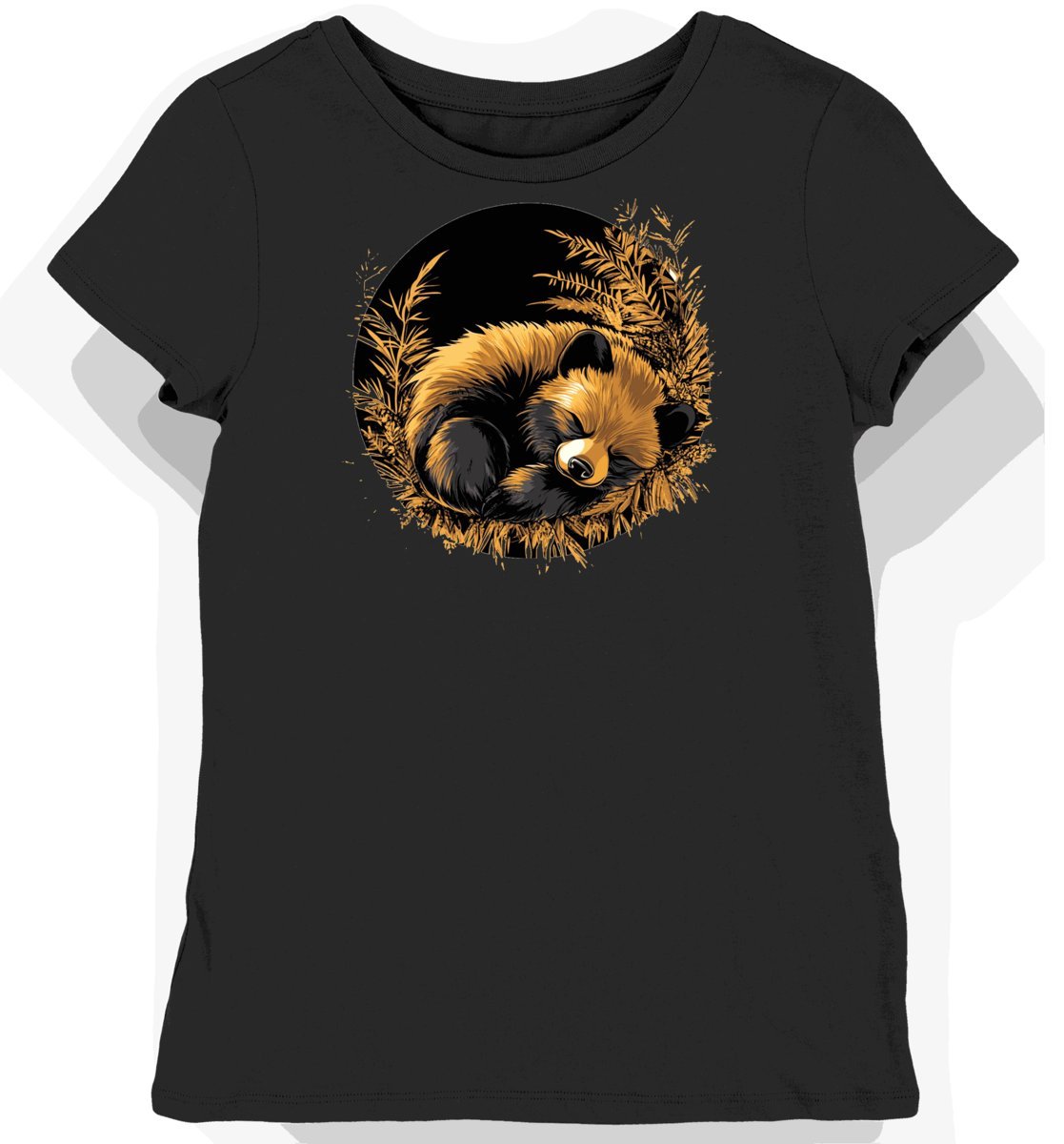 Koszulka damska czarna z motywem złotego liścia tanuki XXL