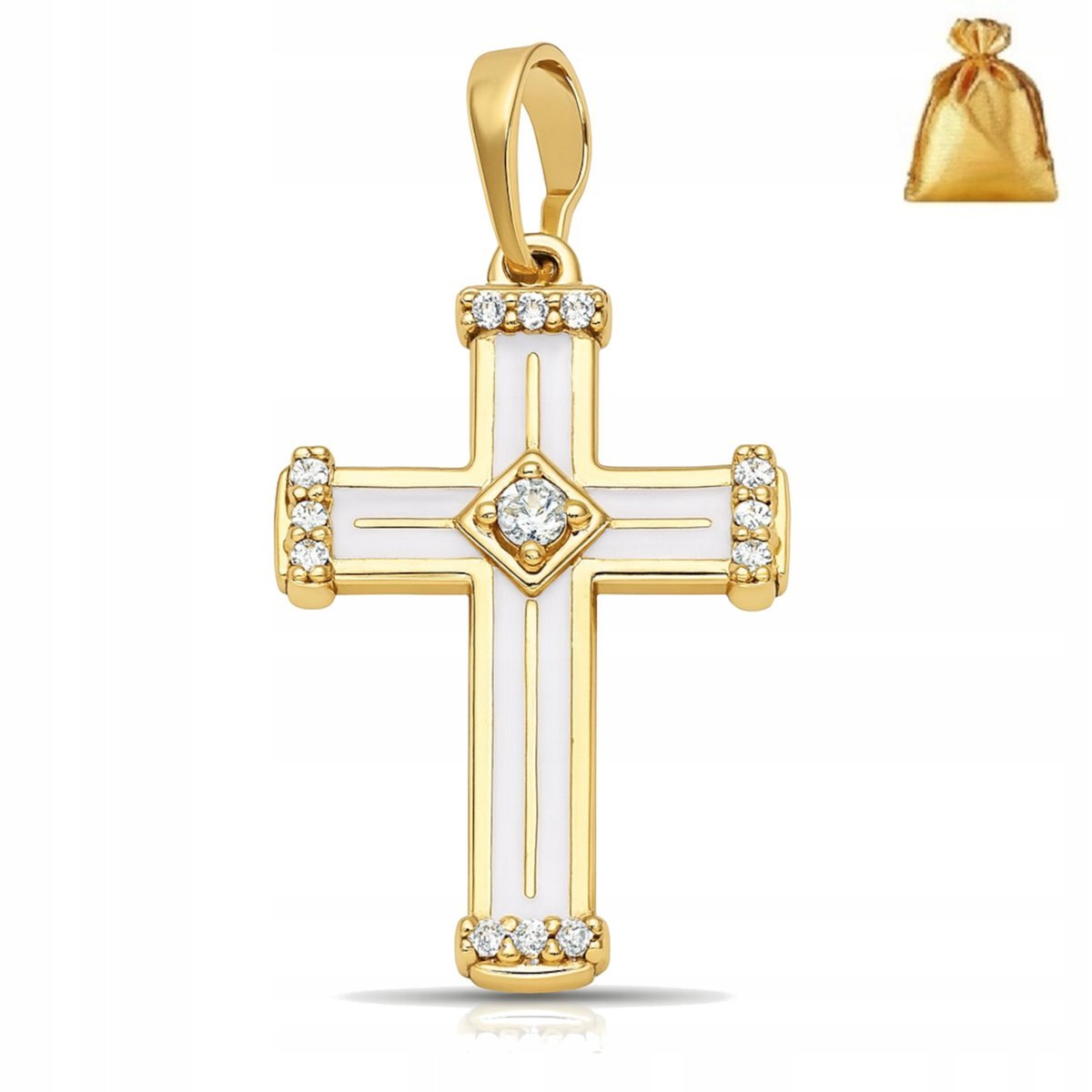DUŻY POZŁACANY KRZYŻYK DAMSKI BIAŁY Z CYRKONIĄ NA ŁAŃCUSZEK STAL, 18K