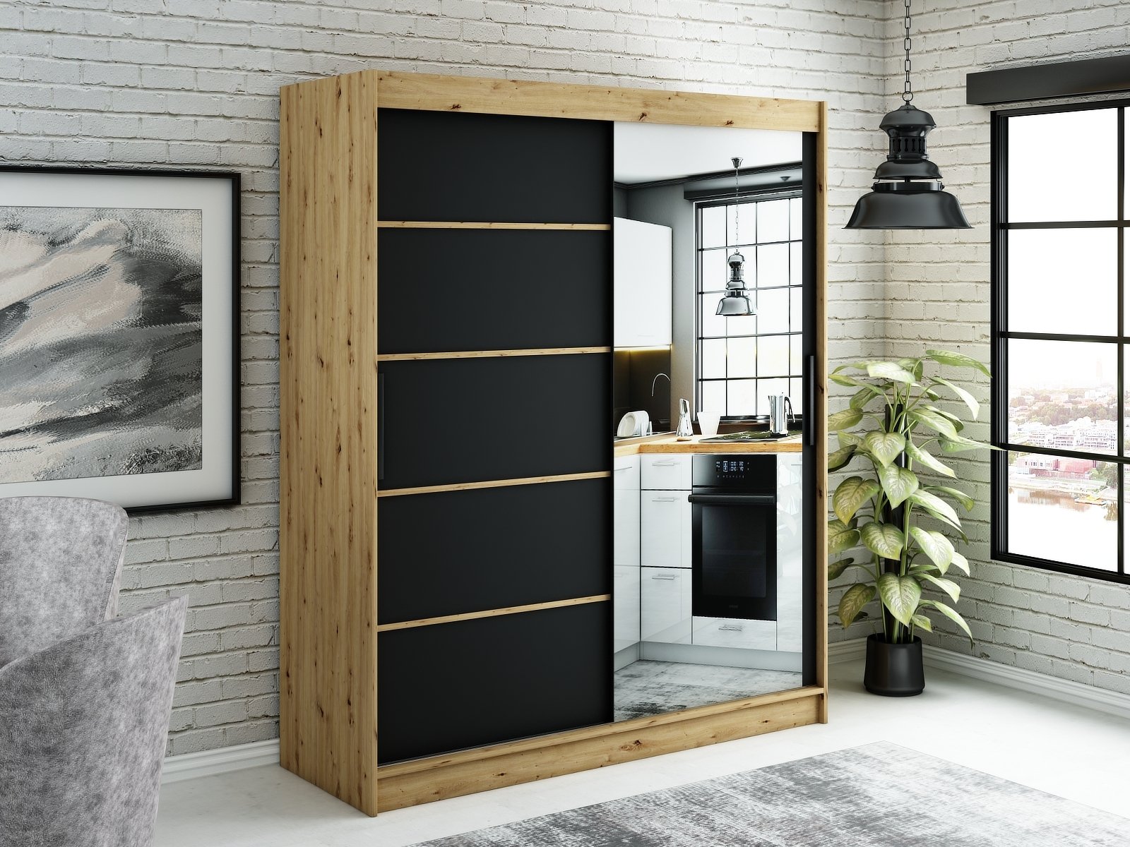 MINIO szafa 180 cm LETO V2 czarny mat / dąb Artisan