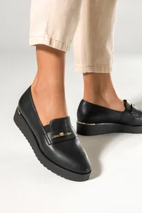 Czarne półbuty damskie slip on na platformie złota ozdoba z kryształkiem Casu MD7538-5 - Trampki damskie - miniaturka - grafika 1