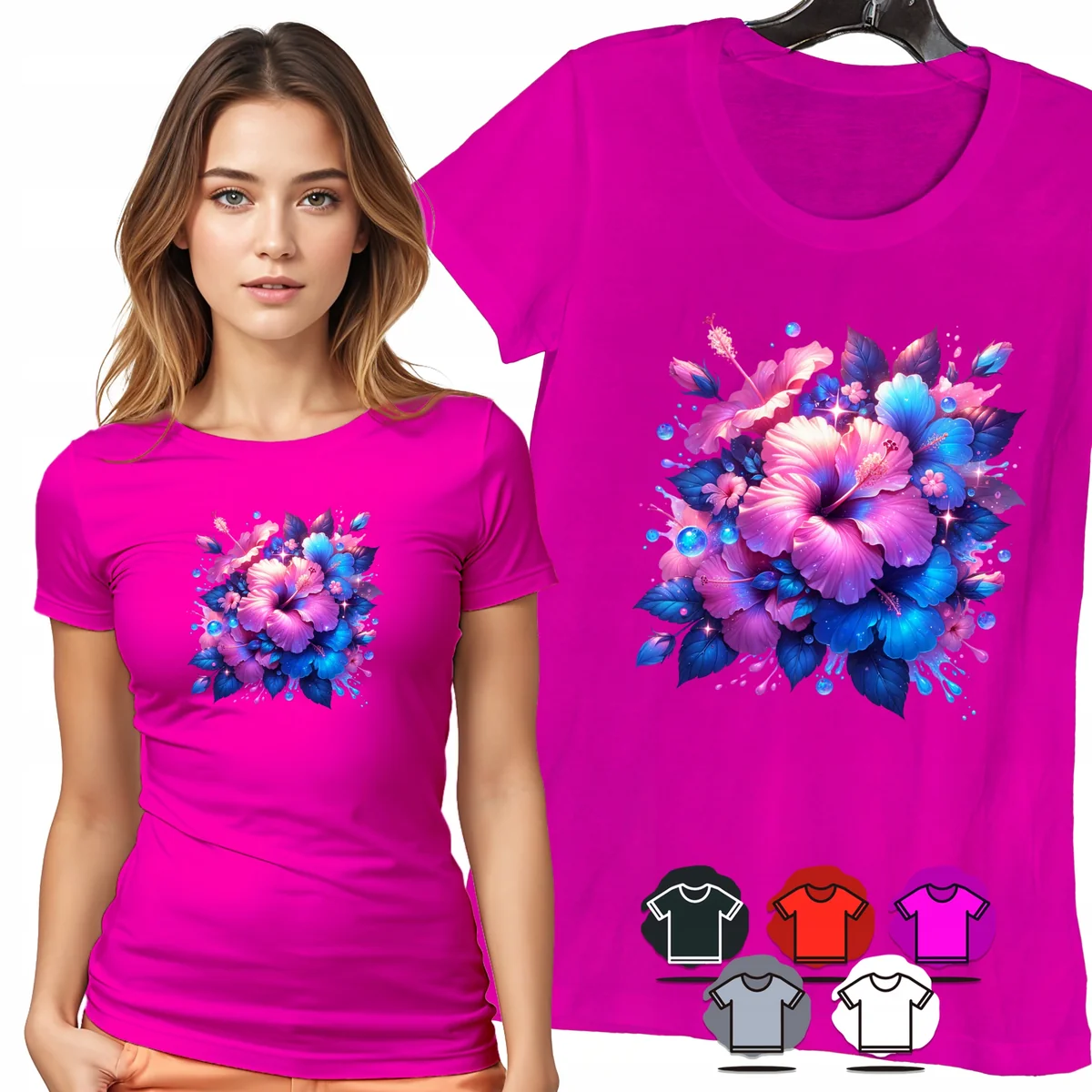 KOSZULKA DAMSKA T-SHIRT - BUKIET FIOLETOWYCH KWIATÓW DAMSKI WZÓR MODNY - XL