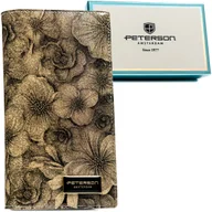 Portfele - PETERSON Złoty lakierowany portfel damski z kwiatowym wzorem skóra ekologiczna i naturalna pionowy duży na magnes i suwak pudełko prezentowe ochrona.. - miniaturka - grafika 1