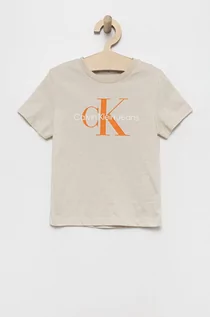 Koszulki dla dziewczynek - Calvin Klein Jeans t-shirt bawełniany dziecięcy kolor beżowy z nadrukiem - grafika 1