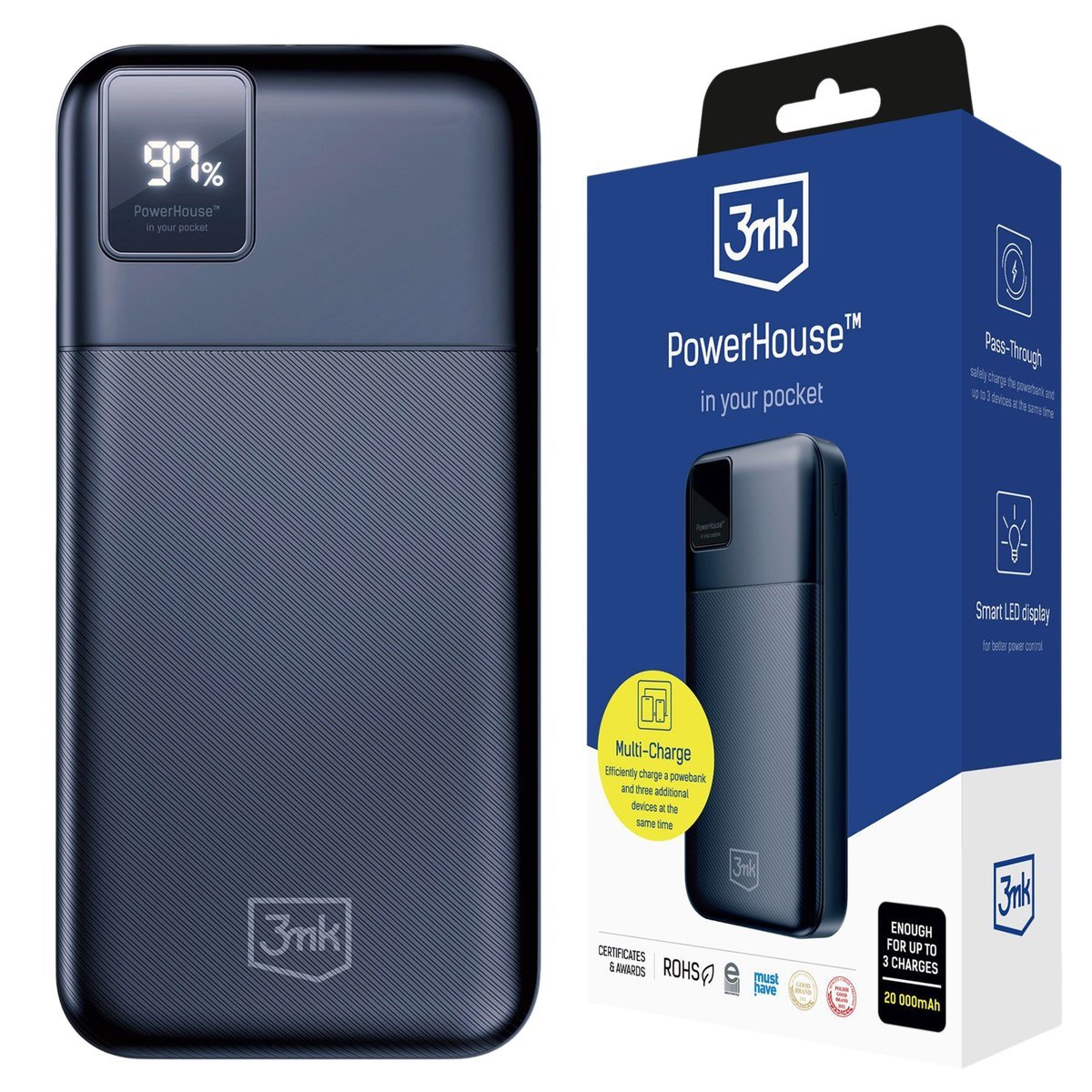 Powerbank z wyświetlaczem LED, SZYBKIE ładowanie 3 urządzeń, 20000 mAh Multi-Charge USB-C & USB-A - 3mk PowerHouse