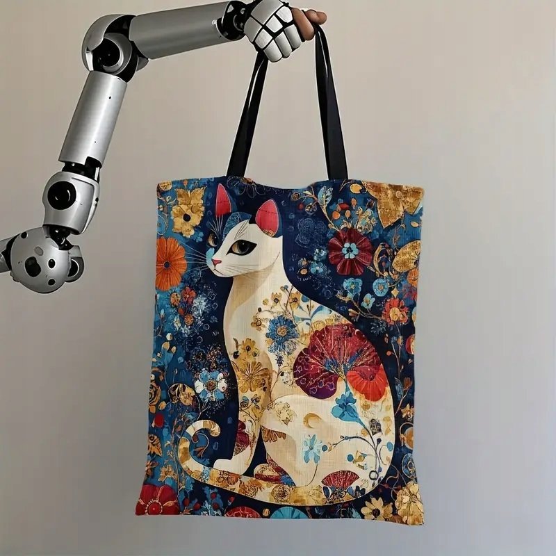 Torba Shopperka Tote Biały Kot Granatowa Kwiaty 40X34 Cm Płócienna Art Deco
