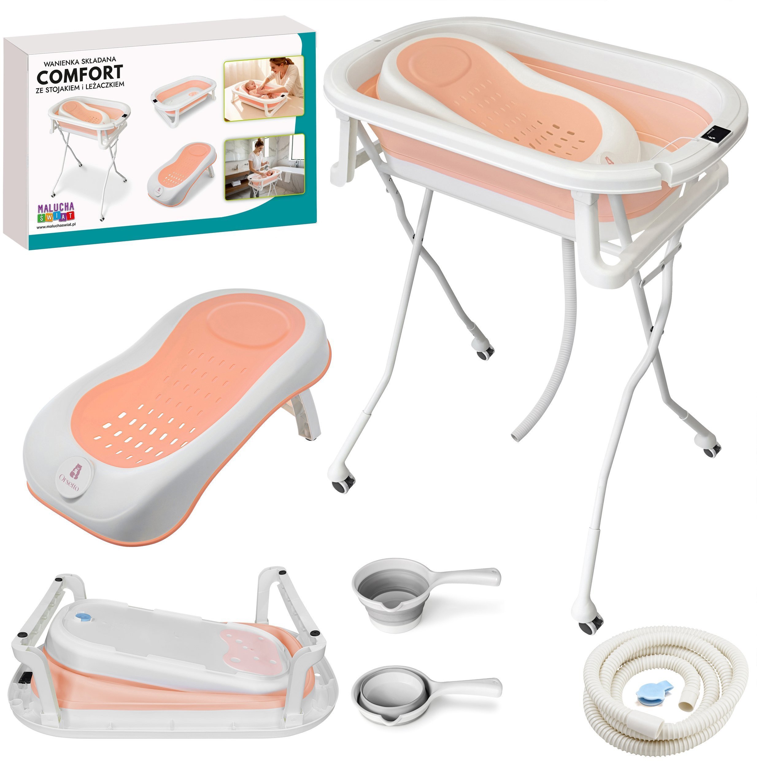 SKŁADANA WANIENKA COMFORT ZE STOJAKIEM I LEŻACZKIEM ORSETTO RÓŻOWA POLEWACZKA