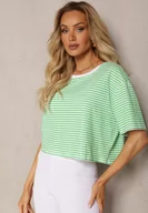 Koszulki i topy damskie - Zielony Oversizowy T-shirt Cropped w Paski z Elastycznej Bawełny Akrida - miniaturka - grafika 1