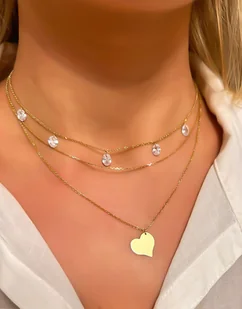 Naszyjnik srebrny pozłacany potrójny z cyrkoniami i sercem - Naszyjniki - miniaturka - grafika 1