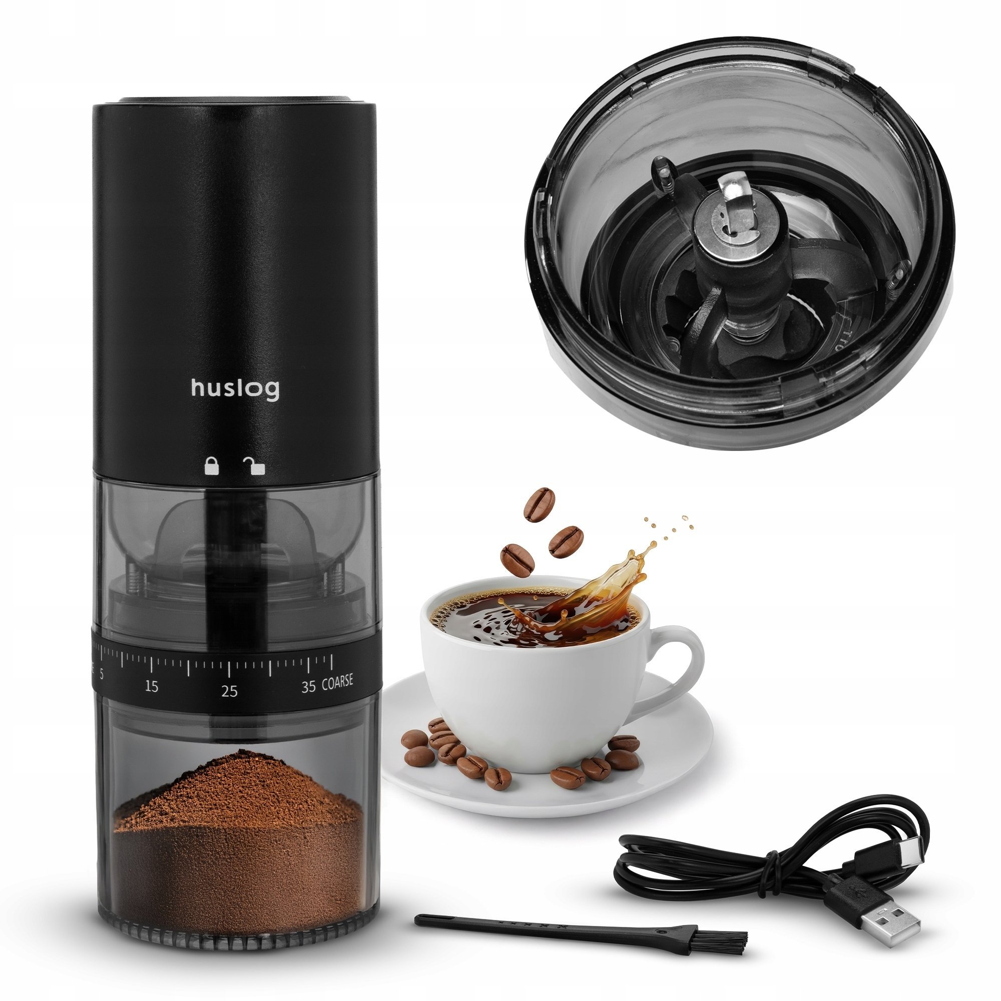 Młynek do kawy Aptel Huslog młynek bezprzewodowy do kawy z okienkiem CoffeeSmash