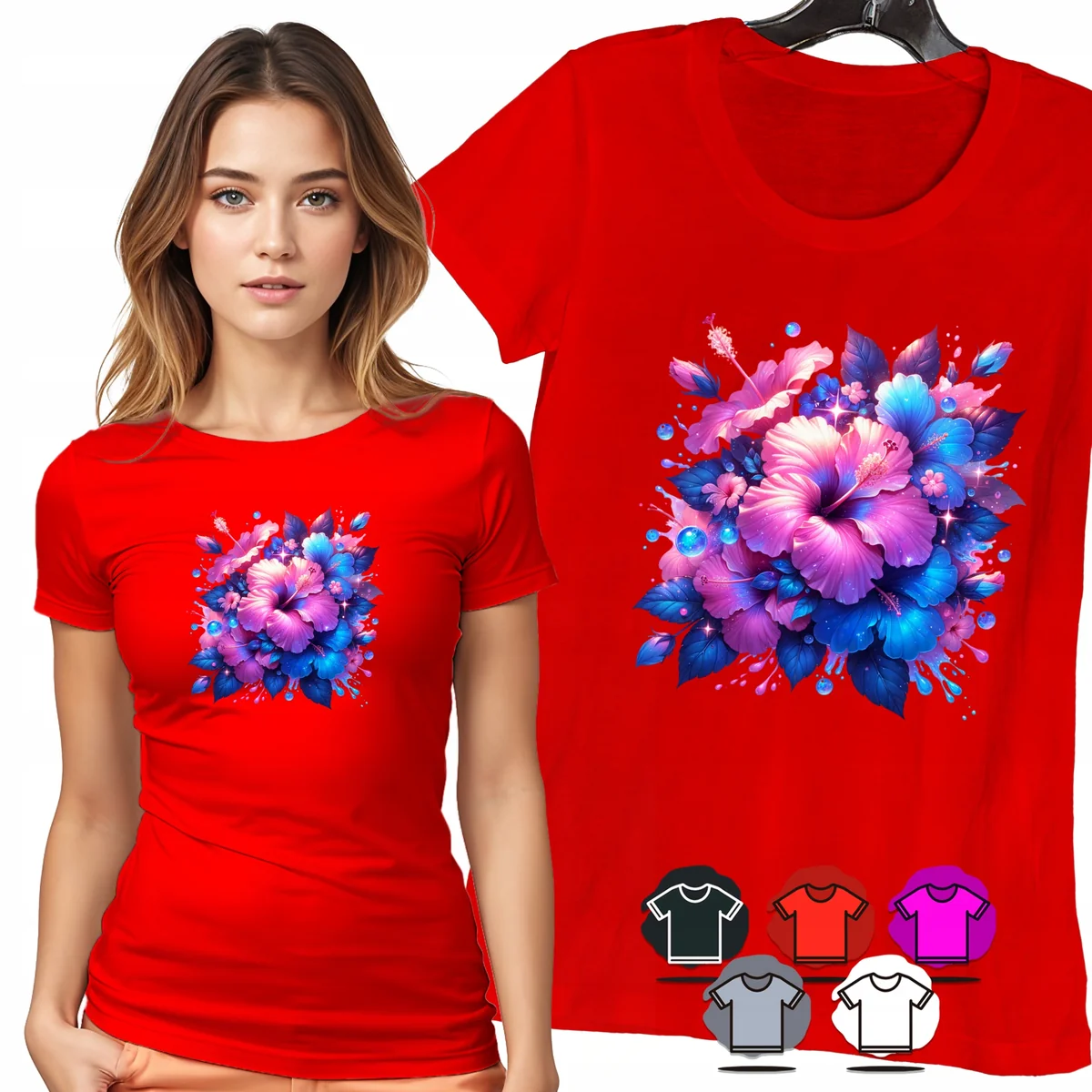 KOSZULKA DAMSKA T-SHIRT - BUKIET FIOLETOWYCH KWIATÓW DAMSKI WZÓR MODNY - XX