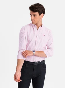 Bawełniana męska koszula REGULAR FIT w drobne paski różowa V2 OM-SHOS-0170 - Ombre Clothing - Koszule męskie - miniaturka - grafika 1