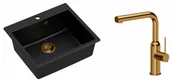 Zlewozmywaki z baterią - Quadron Zlewozmywak granitowy jednokomorowy 57*50*22 cm MORGAN 110 PURE CARBON czarny z miedzianym odpływem z baterią ANGELINA Q LINE z wyciąganą wylewką kolor miedziany - miniaturka - grafika 1