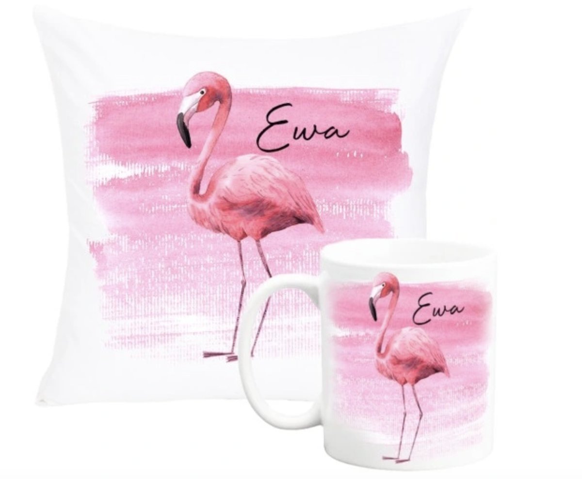 ZESTAW PODUSZKA + KUBEK Prezent FLAMING AKWARELA BOHO + IMIĘ 38