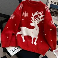 Bluzy damskie - TEMU Sweter Świąteczny dla Kobiet z Czerwonym Reniferem – Przytulna Zimowa Bluza w Białe Wzory Rentierów i Płatków śniegu, Miękki Sweter na Okragły - miniaturka - grafika 1