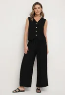 Komplety damskie - Czarny Komplet Garniturowy z Lnem Zdobiony Cyrkoniami Kamizelka i Spodnie Rederose - miniaturka - grafika 1