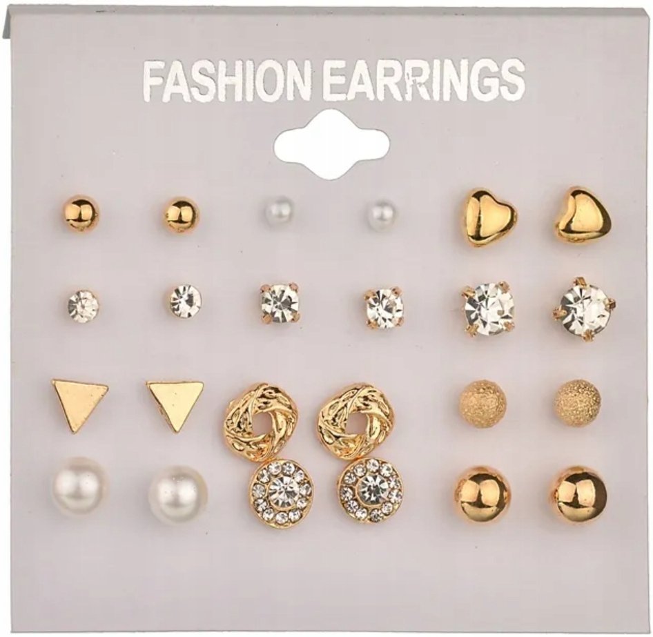 Zestaw 12 par Kolczyków Cyrkonie Perły Kolczyki Pozłacane Mosiądz