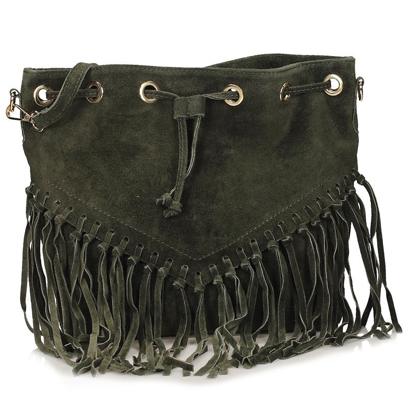 Stylowa skórzana listonoszka z ozdobnymi frędzlami Toscanio G145