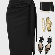 Spódnice - TEMU Spódnica Ołówkowa z Wiązaniem w Talii dla Kobiet - Czysta Czarna, Możliwość Prania w Pralce, Wszechstronna na Codzień i do Pracy, Idealna na - miniaturka - grafika 1