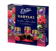 Bombonierki i czekoladki - E.Wedel Baryłki owocowe czarny bez, malina, śliwka z alkoholem w czekoladzie deserowej 200g - miniaturka - grafika 1