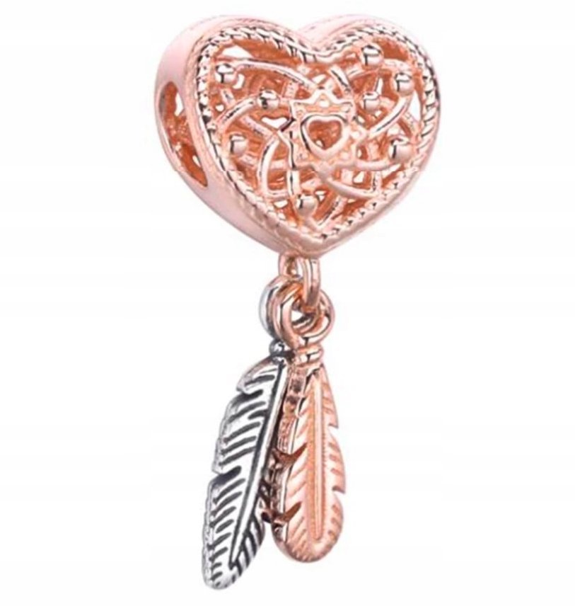 Charms Pozłacany Łapacz Snów Serce z Łapaczem Snów Piórka Pióra SREBRO 925