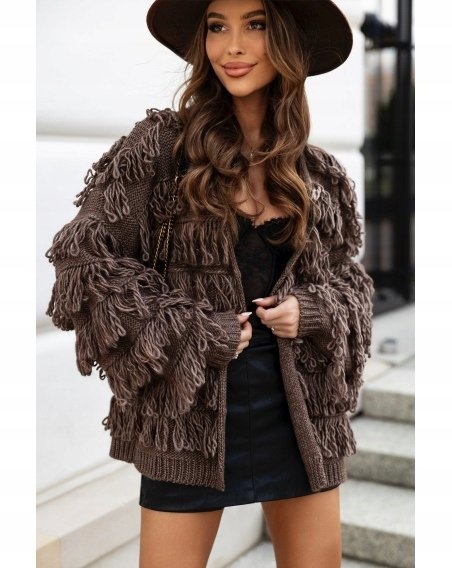 Kardigan Frędzle Boho Oversize Ciepły sweter Polska Jakość Czekolada