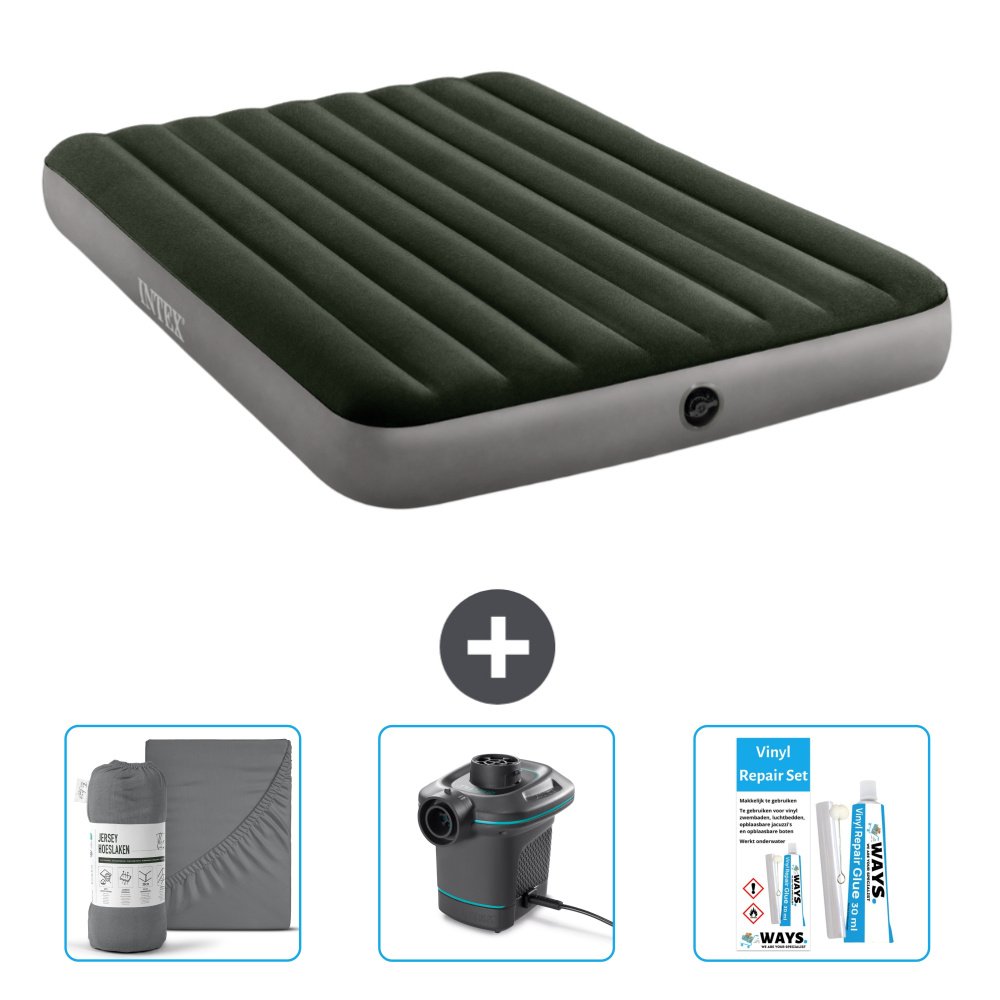 Dmuchane łóżko Intex - 2 osoby - 152 x 203 x 25 cm - zielone - w zestawie prześcieradło - pompka i zestaw naprawczy